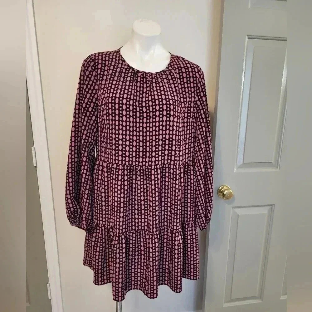 LDT Polka Dot Jewel Neck long Sleeve Ruffled Poof Waistless Dress(12)NWT